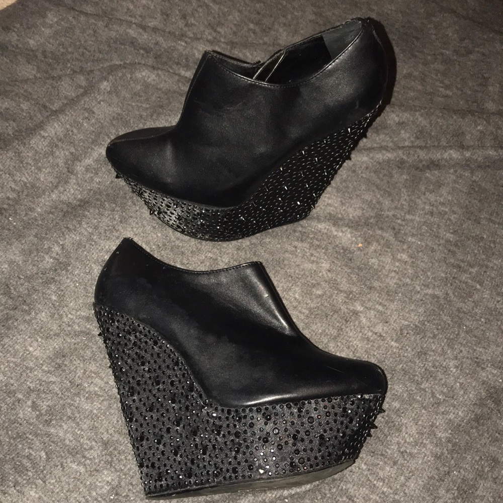 Black Leather Bling Studded Wedge